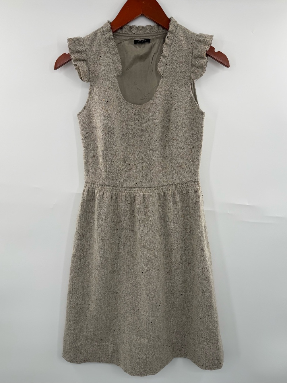 TOCCA Tweed Wool Blend Dress Size 2 Beige Ruffle Sleeve Fit Flare Lined Y2K